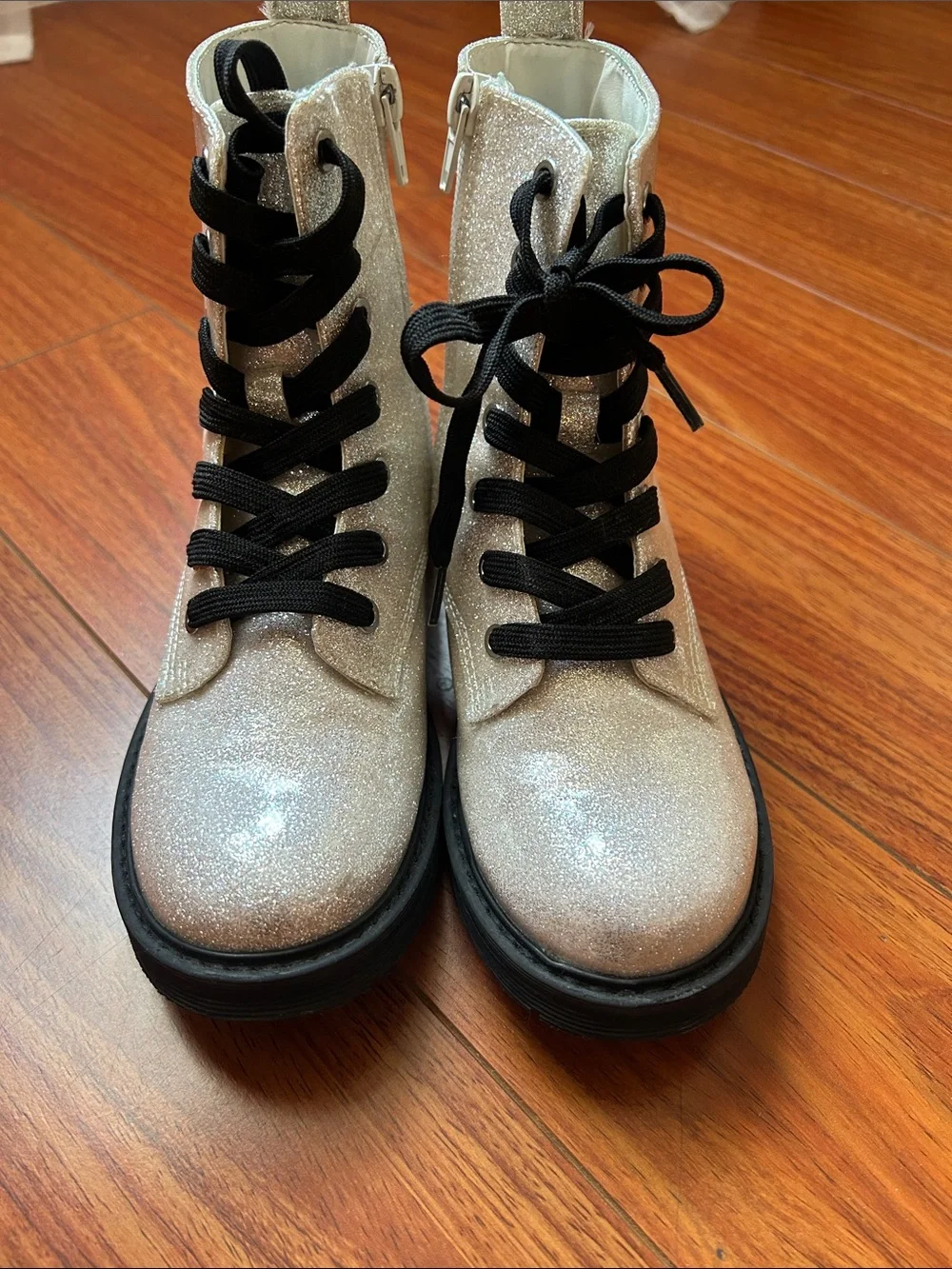 Kids Glitter Combat Boots - Silver with Black Laces Size 2- Like New